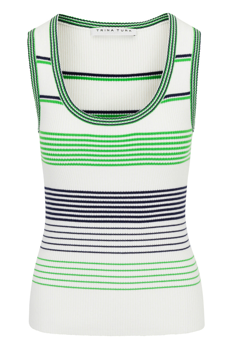 The Paolini Scoop-Neck Rib Knit Tank Top is sleeveless with green, navy, and black stripes on a white ribbed knit, finished with green and navy trim.