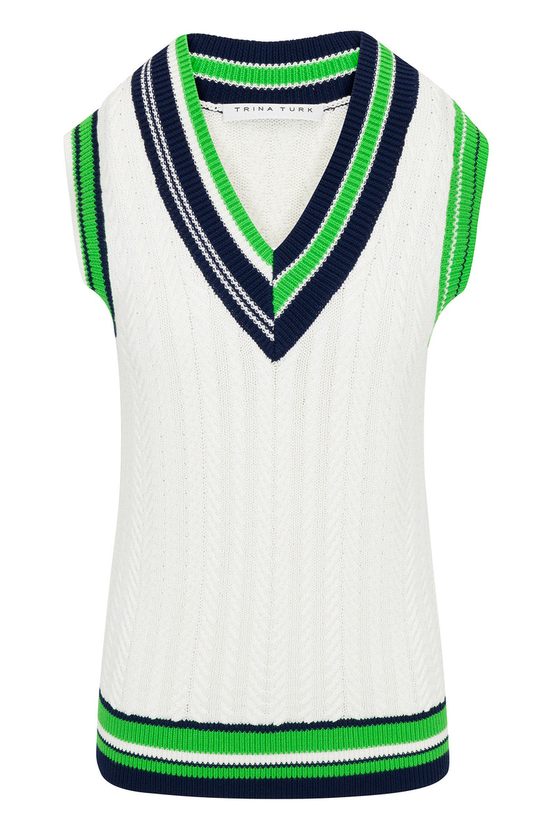 The Seapointe 2 Sleeveless Knit Vest is a white and green sweater vest.
