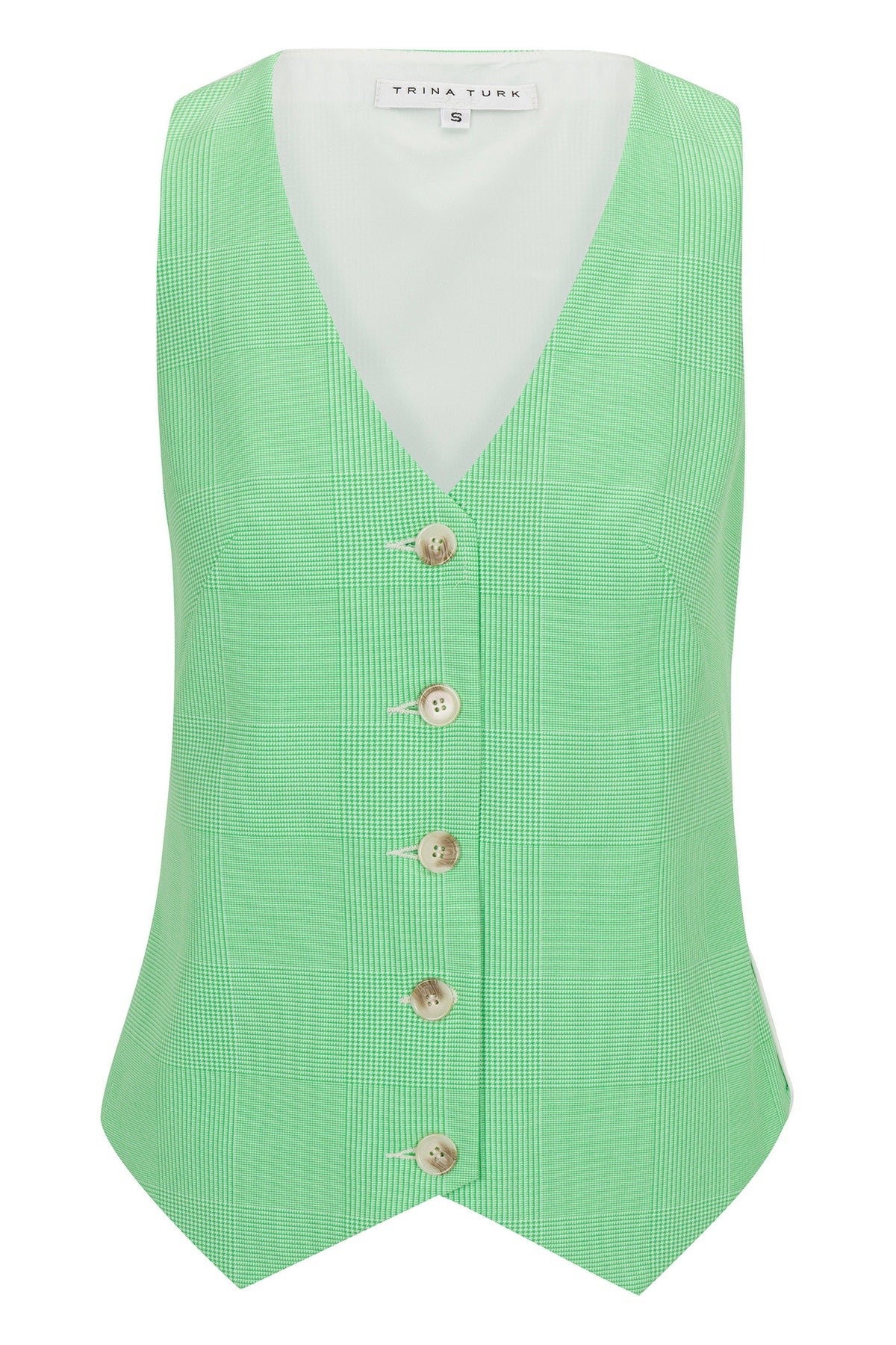 The Challenge Vest Top - Game Time Glen Plaid is a sleeveless, light green plaid vest with a deep V-neck, five beige front buttons, and an inner collar label marked Trina Turk.