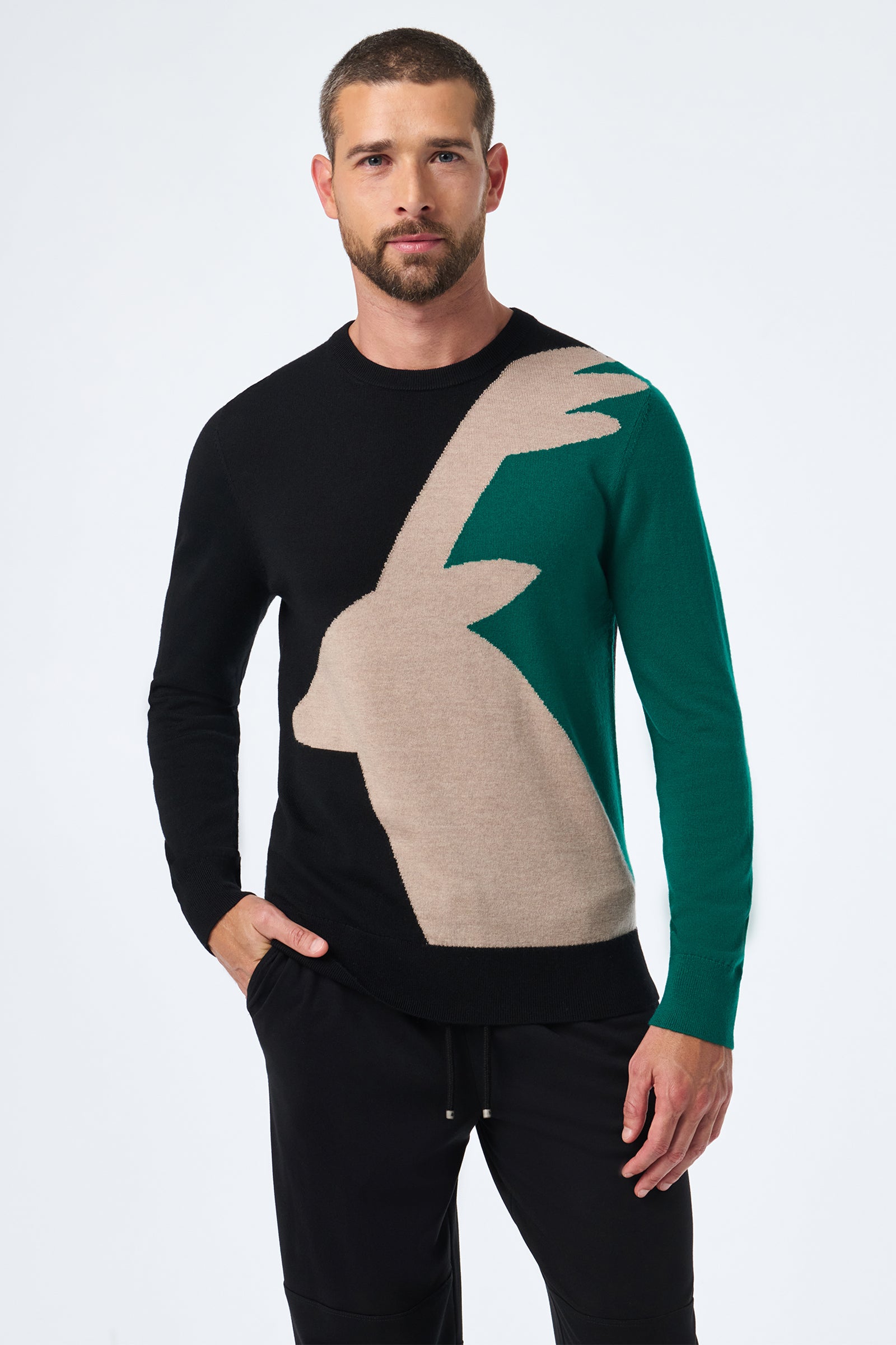 A man with short hair and a trimmed beard models the Caribou Crewneck, a black and green sweater with a bold beige deer head and antlers design on the front. He stands against a plain light background, one hand in his pocket.