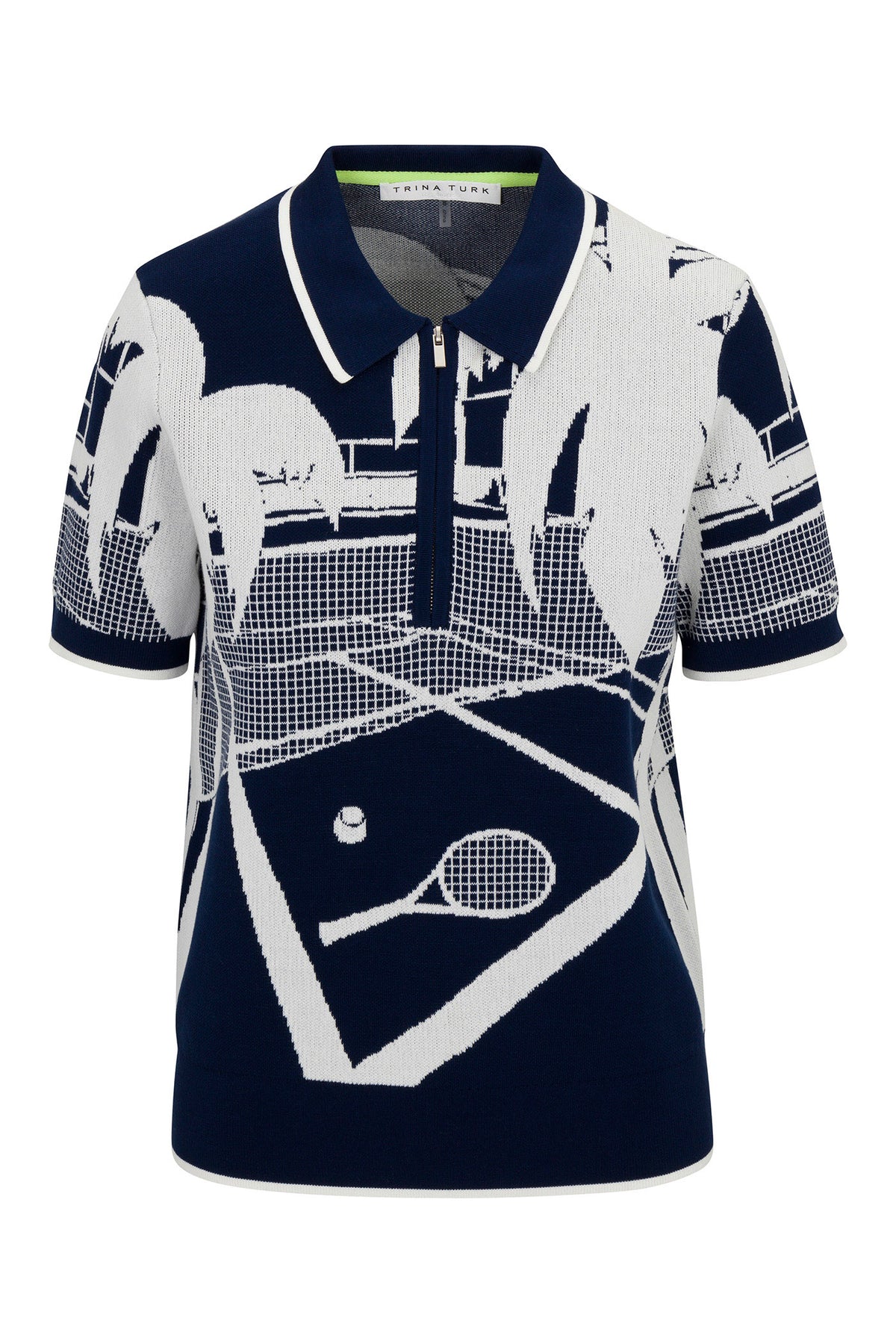The La Jolla 2 Short-Sleeve Graphic Knit Polo features a navy blue and white color scheme, a tennis court, racket, ball, and palm trees graphic design, plus a collar and partial zip neckline.