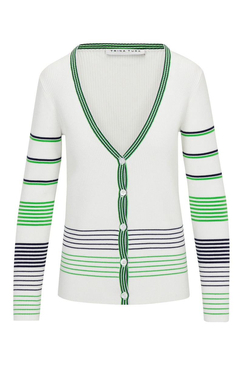 The Leylah V-Neck Striped Cardigan features a white ribbed knit with green, navy, and light green horizontal stripes on the sleeves and hem, a deep V-neckline, button front, and green-striped trim at the neck, front placket, and cuffs.