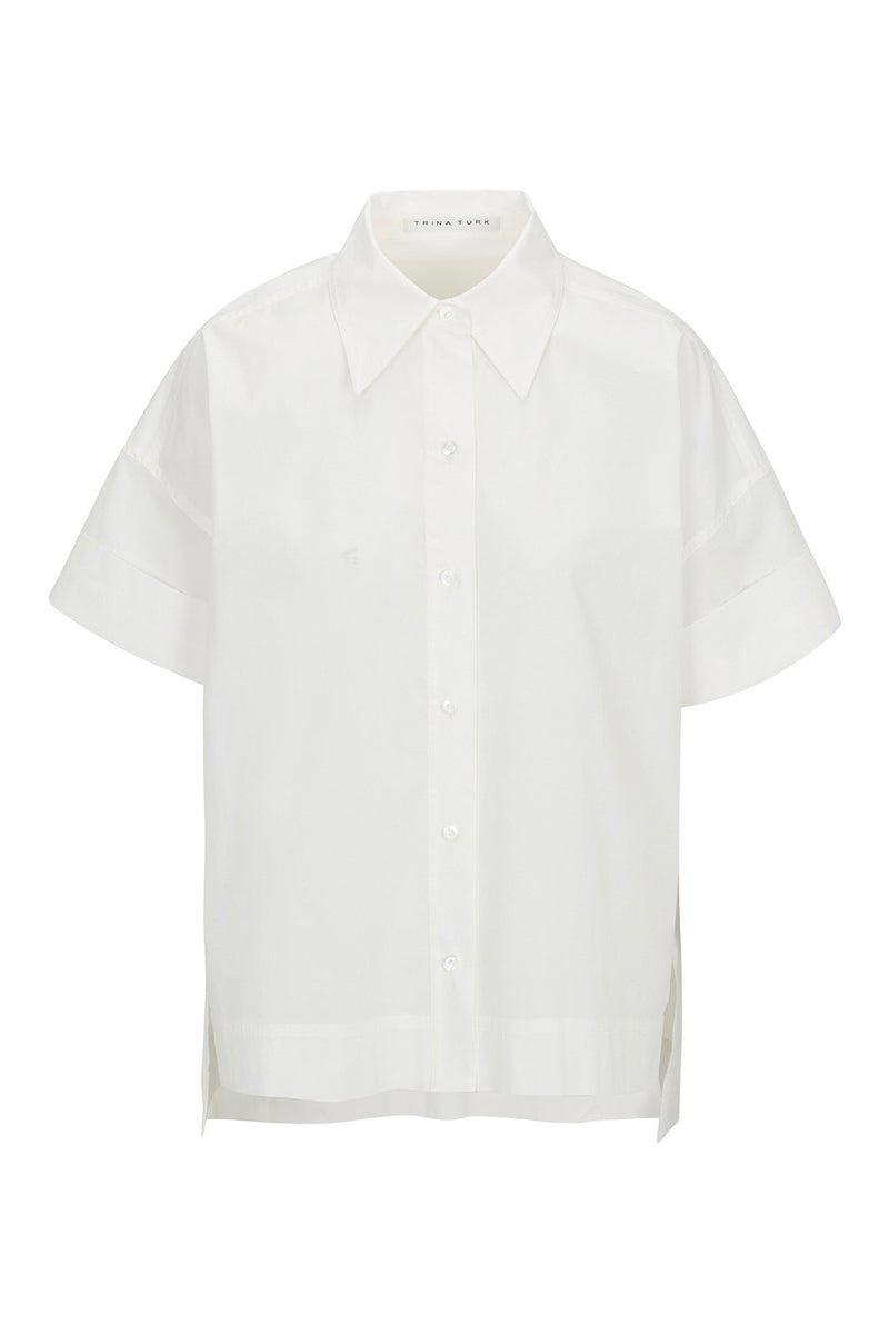 The Opponent Short-Sleeve Button-Up Top is a plain white shirt with short sleeves, a classic collar, relaxed fit, and side slits at the hem, shown on a white background.