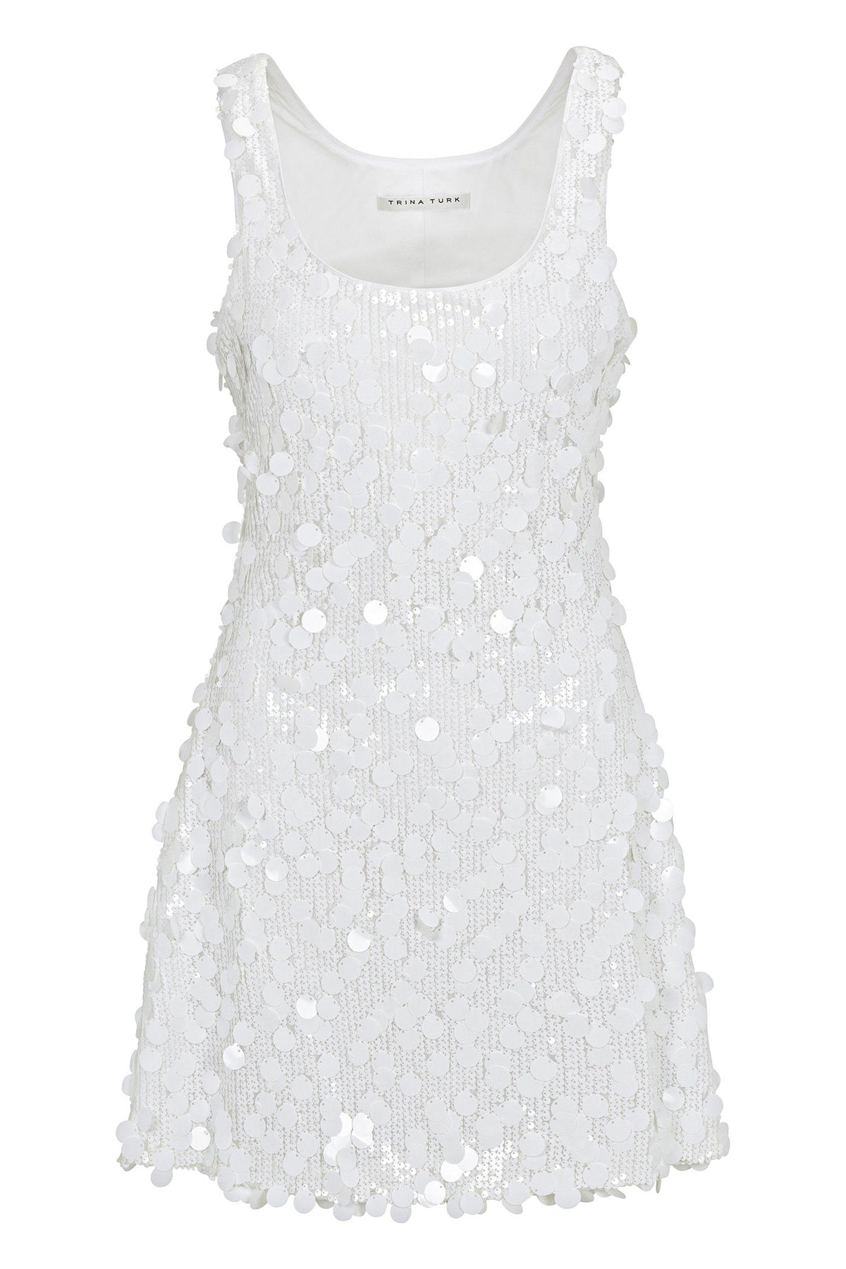The Score Sleeveless Sequin Skater Dress is a white mini dress with large shiny floral sequins, a scoop neckline, and a slightly flared hem.