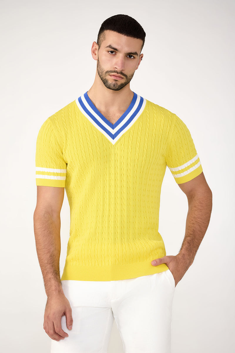 A man with short dark hair and a trimmed beard wears the Ferguson Short-Sleeve V-Neck in Lavandou Lemon, featuring white and blue stripes on the collar and sleeves. He stands against a plain light background, one hand in his pocket.