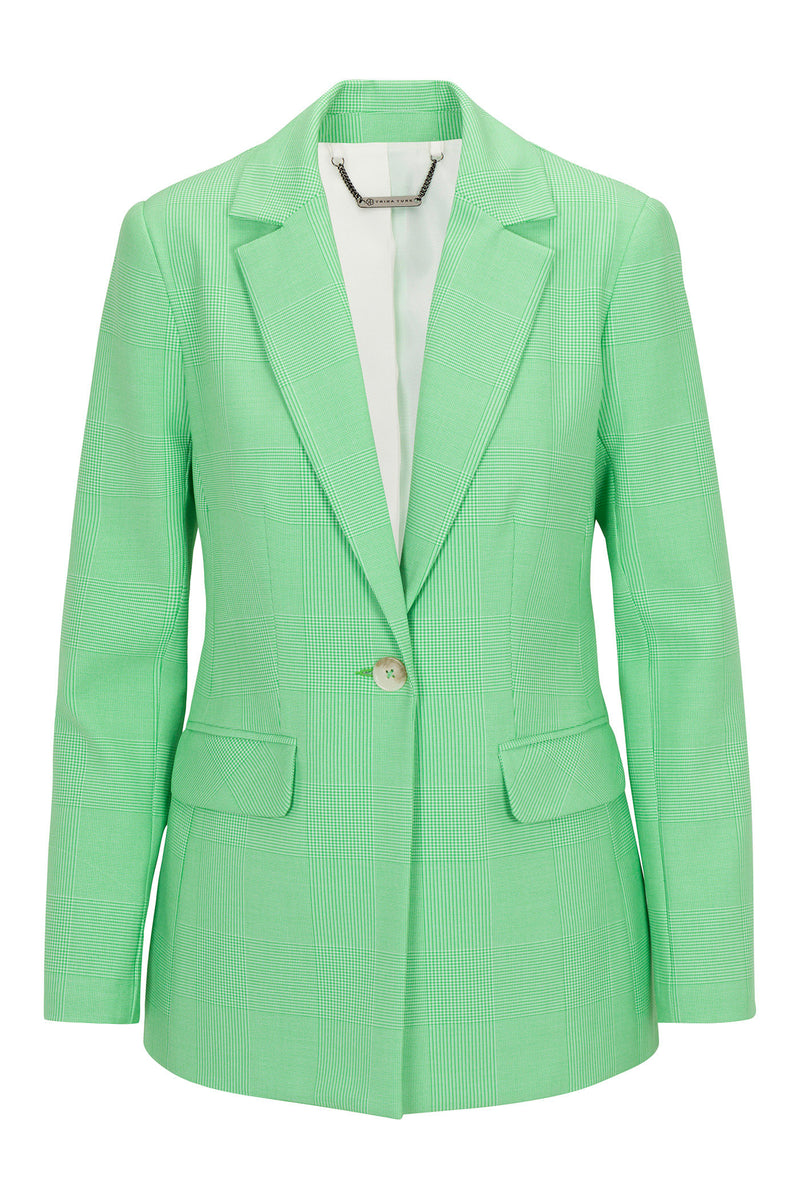 The Alternates Blazer - Game Time Glen Plaid is a light green women’s blazer with subtle pinstripes, notched lapels, a single button, flap pockets, and long sleeves, shown on a white background.