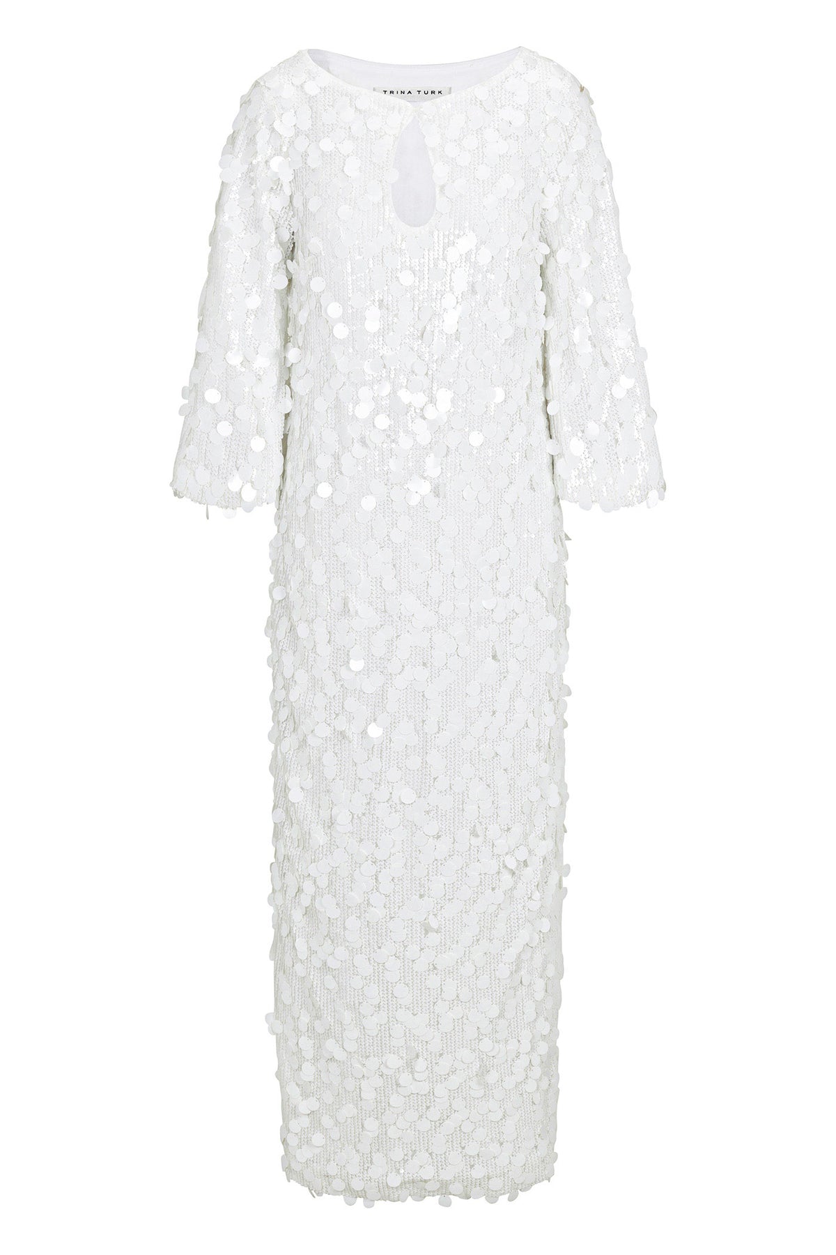 The Singles 3/4-Sleeve Keyhole Maxi Dress is a white, sequin-covered piece with three-quarter sleeves, a textured sparkle, and a small keyhole at the neckline.