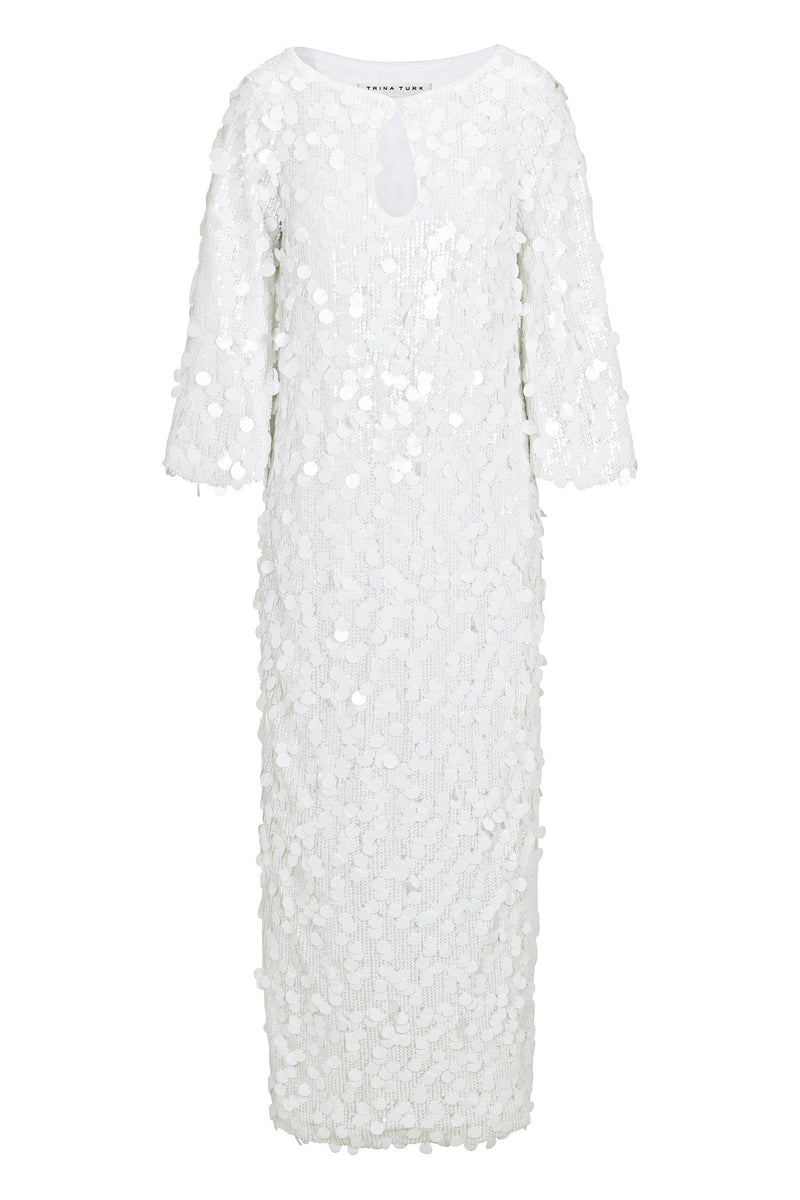 The Singles 3/4-Sleeve Keyhole Maxi Dress is a white, sequin-covered piece with three-quarter sleeves, a textured sparkle, and a small keyhole at the neckline.
