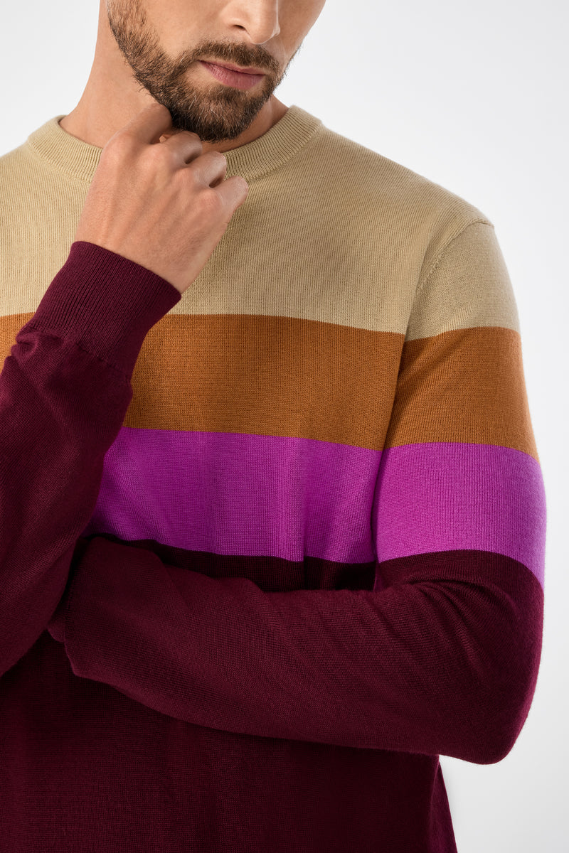 A man with a short beard wears the Romero Sweater, featuring color-block stripes in beige, brown, purple, and burgundy. He rests his chin on his hand while crossing his other arm over his chest.