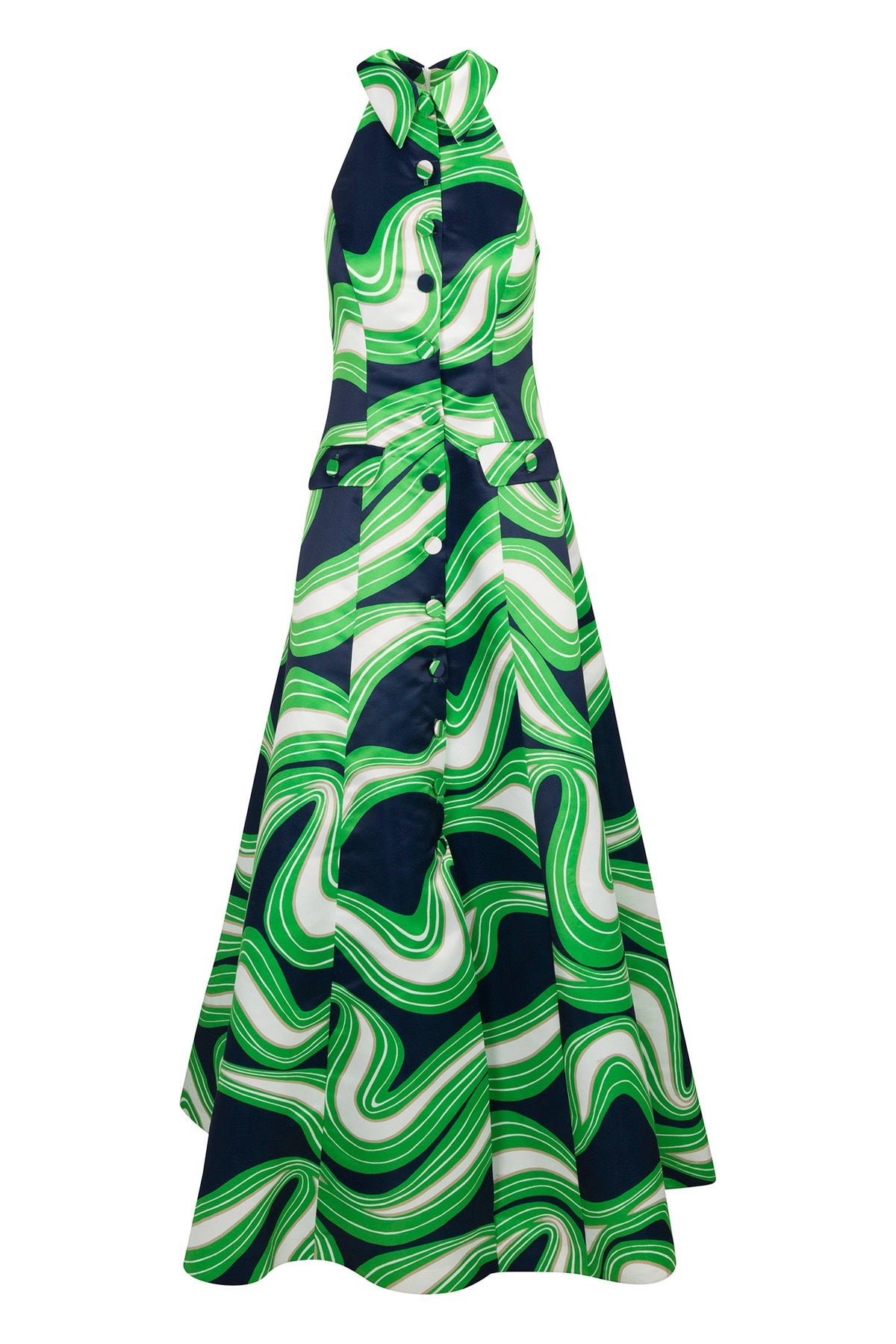 The Official Sleeveless Maxi Dress - Serena Satin is a halter-neck dress with a flared skirt, front buttons, and a bold green, white, and navy blue swirl pattern.