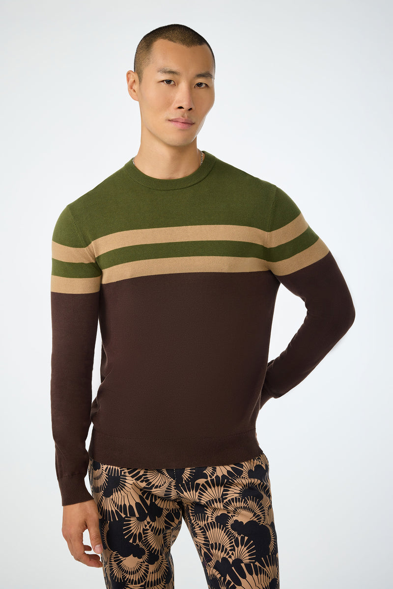 A person stands against a plain background wearing the Romero Crewneck Sweater in multi, featuring olive green, tan, and brown stripes, paired with patterned dark pants with a beige botanical design.