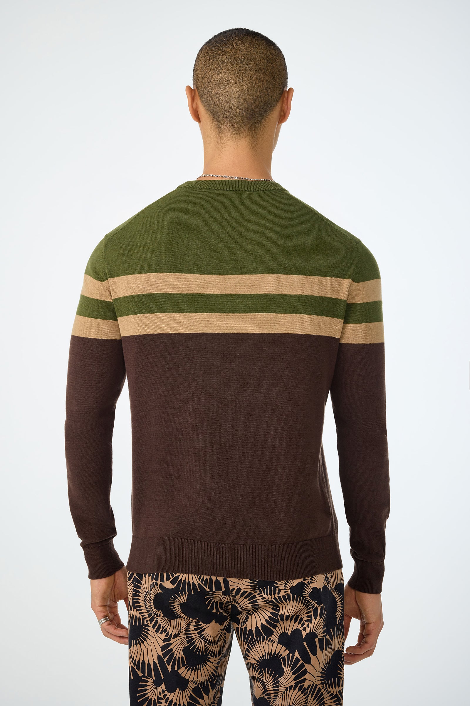A person with short hair is shown from behind, wearing the Romero Crewneck Sweater in green and brown with beige stripes, and patterned brown leafy-design pants. The background is plain white.