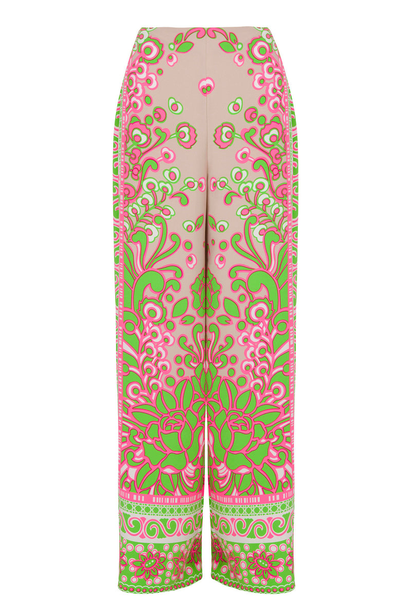 The Federer Wide-Leg Pant - Petra Floral features a high waist and wide-leg design with intricate neon pink and green floral and paisley patterns on light beige, creating a detailed, symmetrical look across the entire fabric.