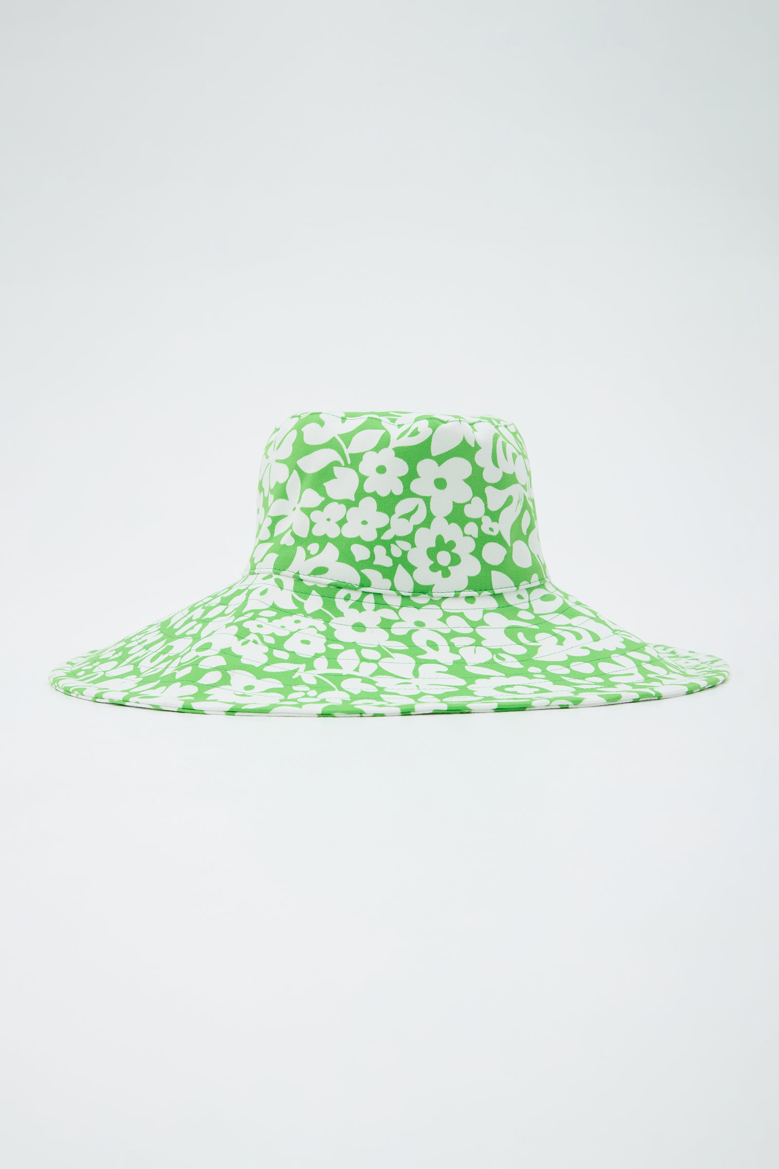 A green floral-patterned sun hat with a wide brim.