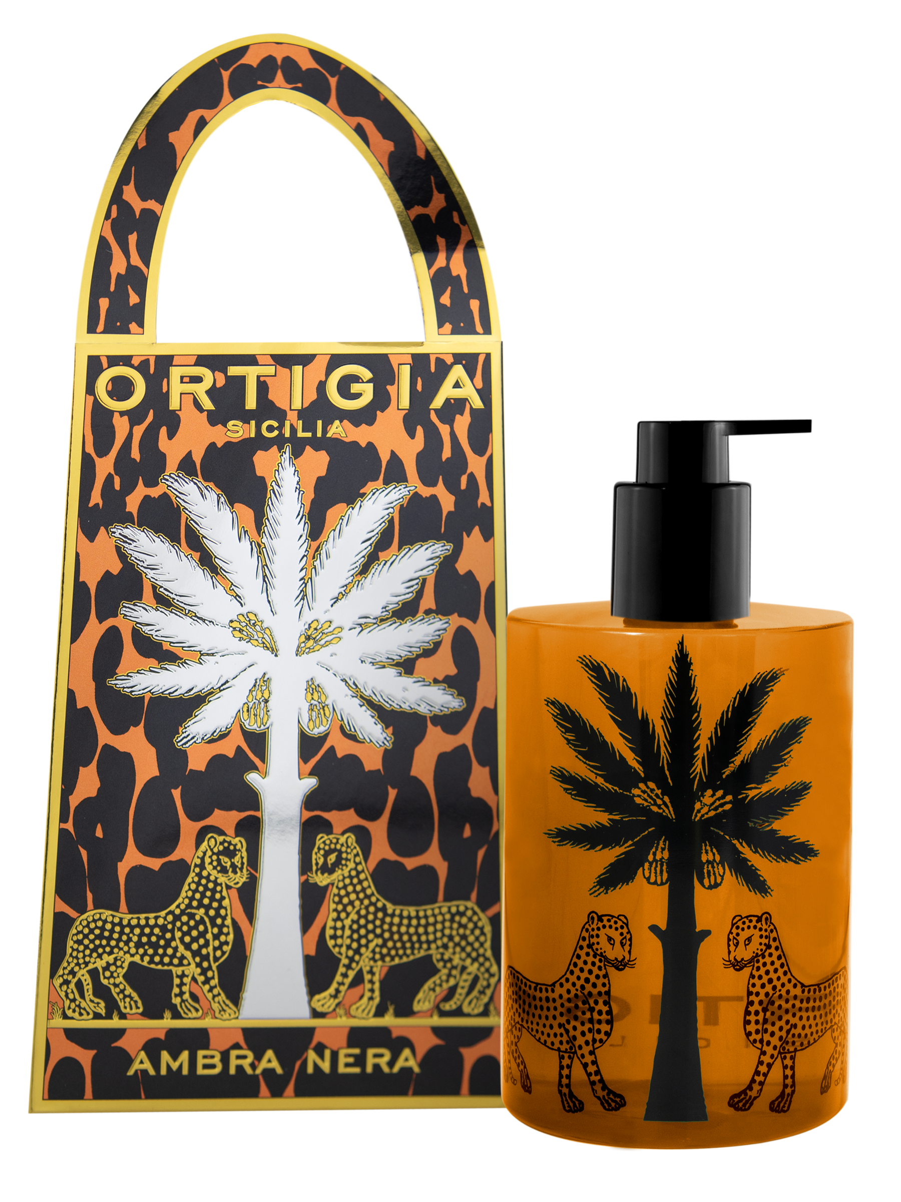 An amber Ortigia Ambra Nera Hand Soap with a pump, featuring black palm trees and leopards, stands beside a matching decorative box with similar designs and the product name.