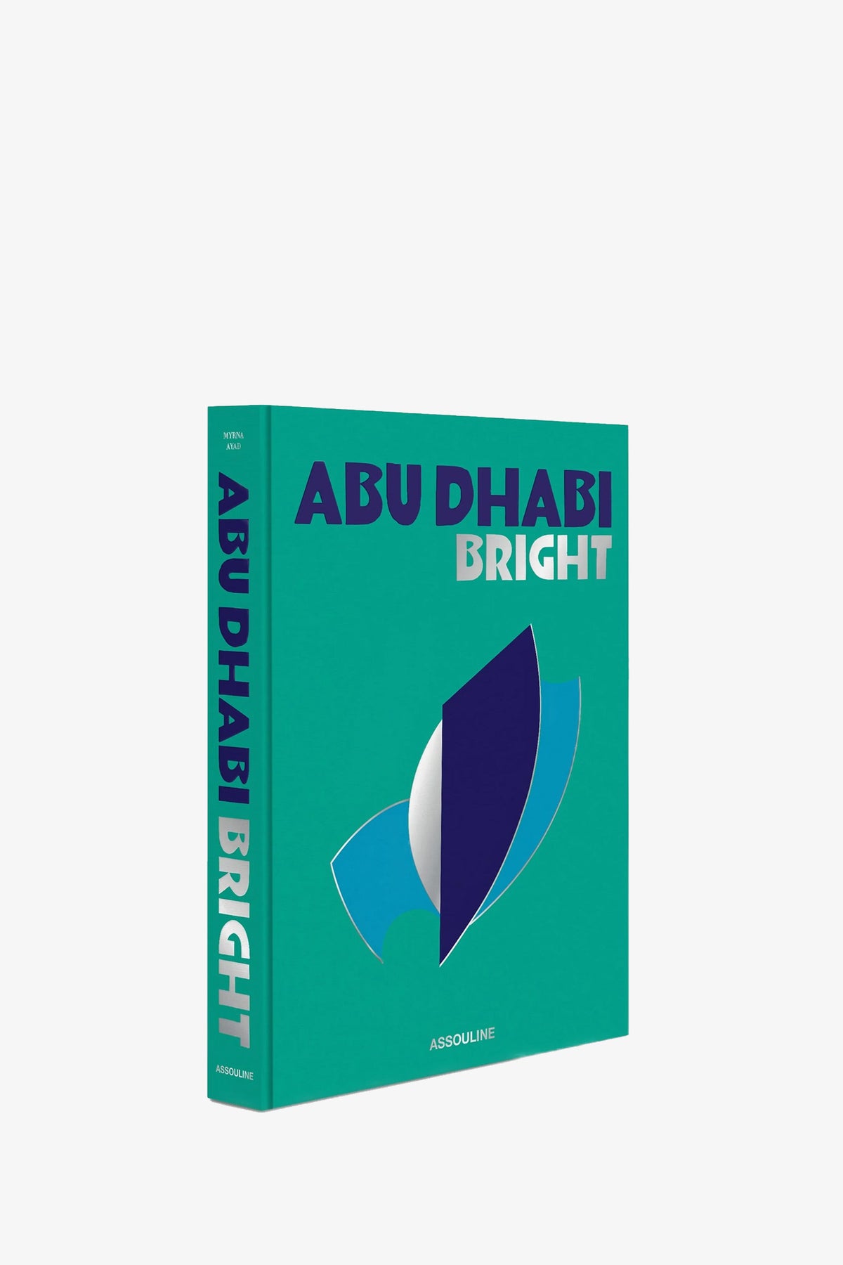 The Assouline Abu Dhabi Book features a teal cover adorned with bold blue and white text, complemented by a geometric abstract design in shades of blue, white, and purple. The Assouline publisher’s name is displayed at the bottom.
