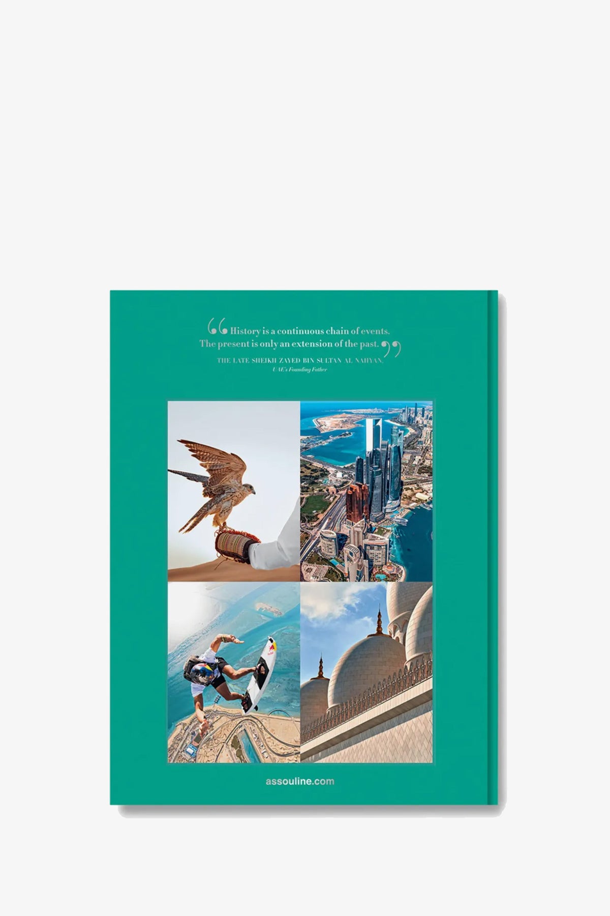 The Assouline Abu Dhabi Book features a teal cover adorned with four photographs: a person holding a falcon, an aerial city view, a skydiver, and a white domed building. A quote and the website assouline.com also appear on the cover.