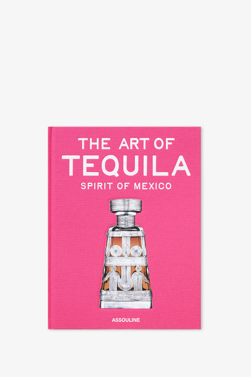 A pink book cover featuring the title "Assouline Art Of Tequila Book," an illustrated glass decanter on the front, and "ASSOULINE" displayed at the bottom.