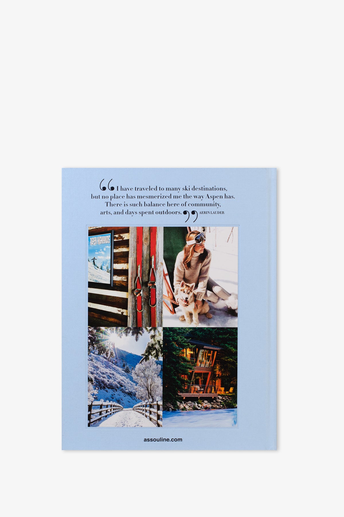 The back cover of the Assouline Aspen Style Book features a quote about Aspen and four photos: old skis, a dog with a person, a snow-covered path, and a cozy cabin, all set against a light blue background.