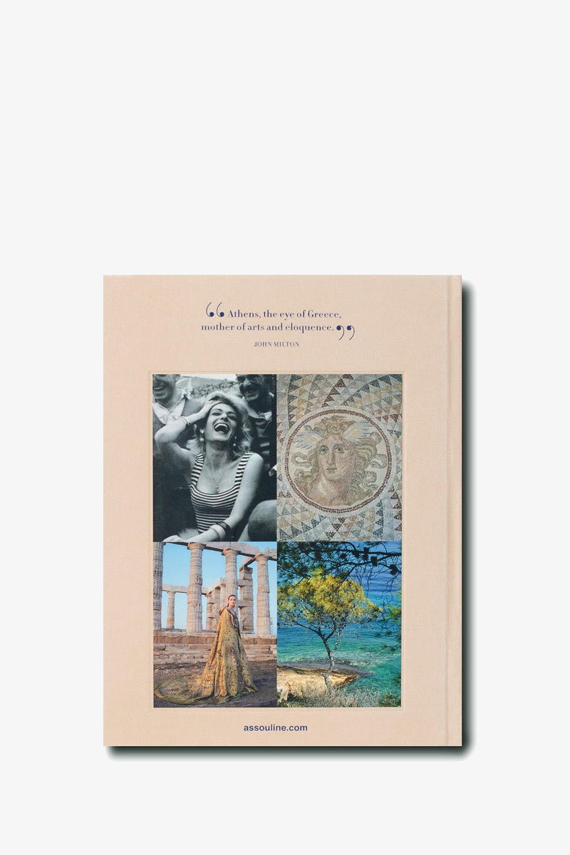 The back cover of the Assouline Athens Riviera Book features four images—a woman laughing, an ancient mosaic, Greek columns, and a scenic coastal view—along with a quote about Athens and the website assouline.com at the bottom.