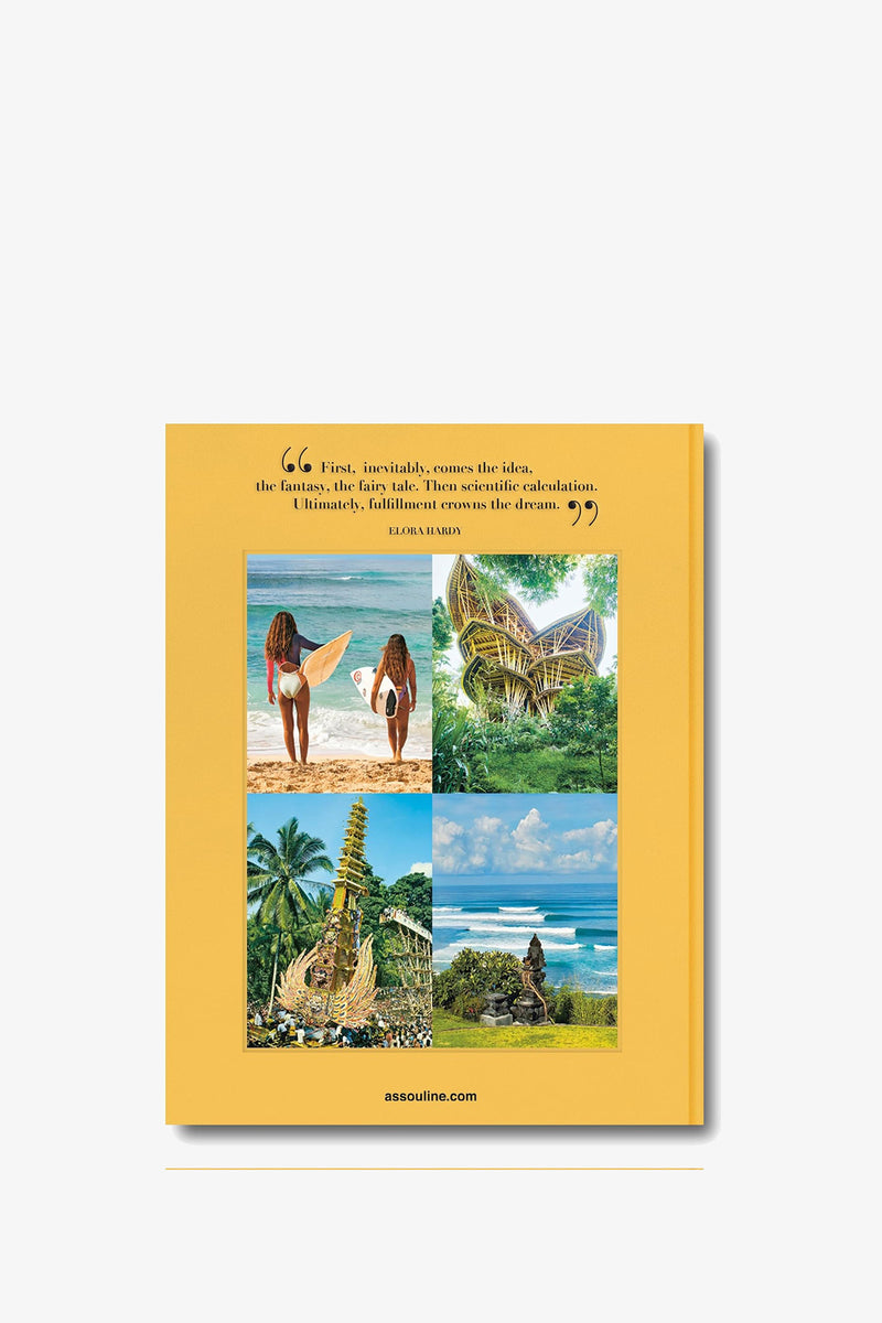 The back cover of ASSOULINE BALI MYSTIQUE features four tropical-themed images—surfers, lush greenery, a modern building, and coastal views—with a quote printed at the top on a yellow background.
