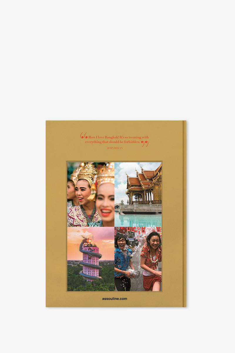 The Assouline Bangkok Spirit Book showcases a cover adorned with four captivating images—a traditional dance performance, an ornate temple, a towering pink pagoda, and joyful children celebrating a water festival—topped with an inspiring quote about the love for Bangkok.