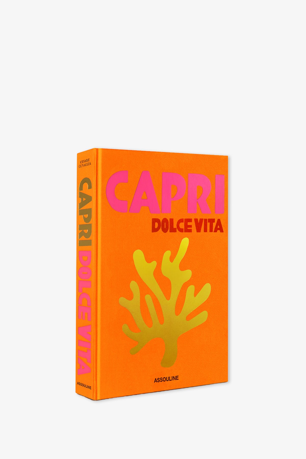 Assouline Capri Dolce Vita Book with an orange cover featuring the title in pink and red letters, a gold coral illustration, and visible author and Assouline publisher details.