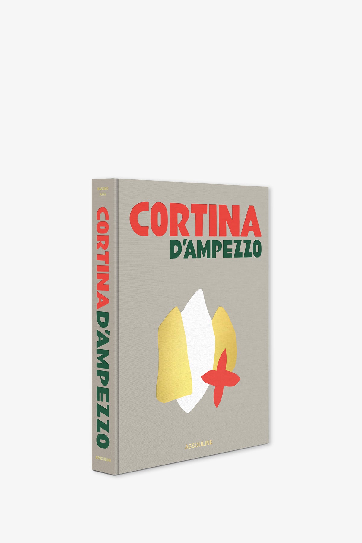 The Assouline Cortina D'Ampezzo Book features a beige cover with bold red and green text displaying the title, along with abstract yellow, white, and red shapes. The book’s spine presents the title vertically.