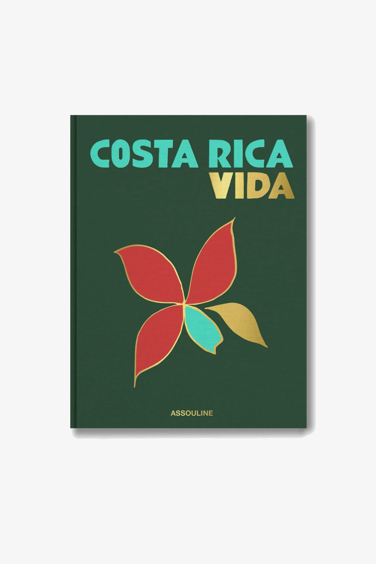 A green Assouline Costa Rica Vida Book featuring a stylized flower design in red, turquoise, and gold on the cover.
