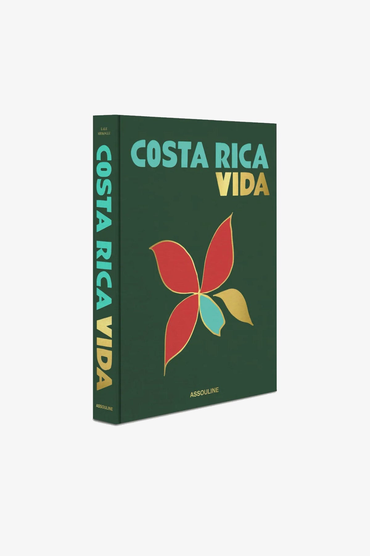 A green Assouline Costa Rica Vida Book featuring bold yellow and turquoise text and a vibrant, abstract flower design on the cover.