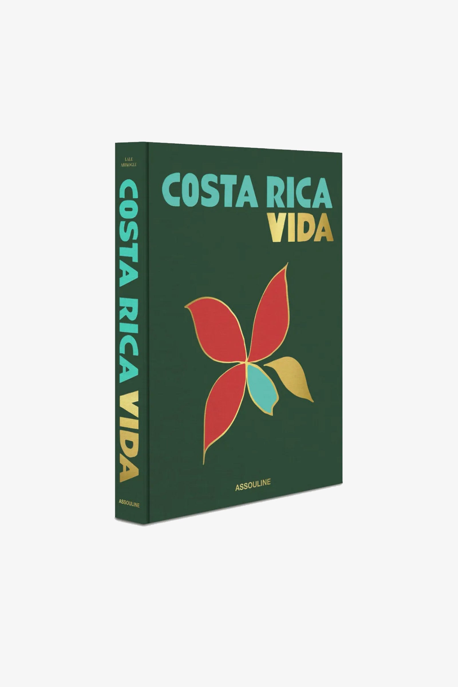 A green Assouline Costa Rica Vida Book featuring bold yellow and turquoise text and a vibrant, abstract flower design on the cover.