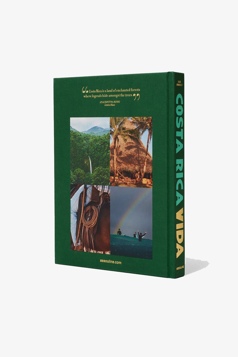 Assouline Costa Rica Vida Book: Green hardcover featuring four nature photos on the front—rainforest, palm trees, a sloth on a branch, and a rainbow over water—with a quote and the publisher’s website also displayed.
