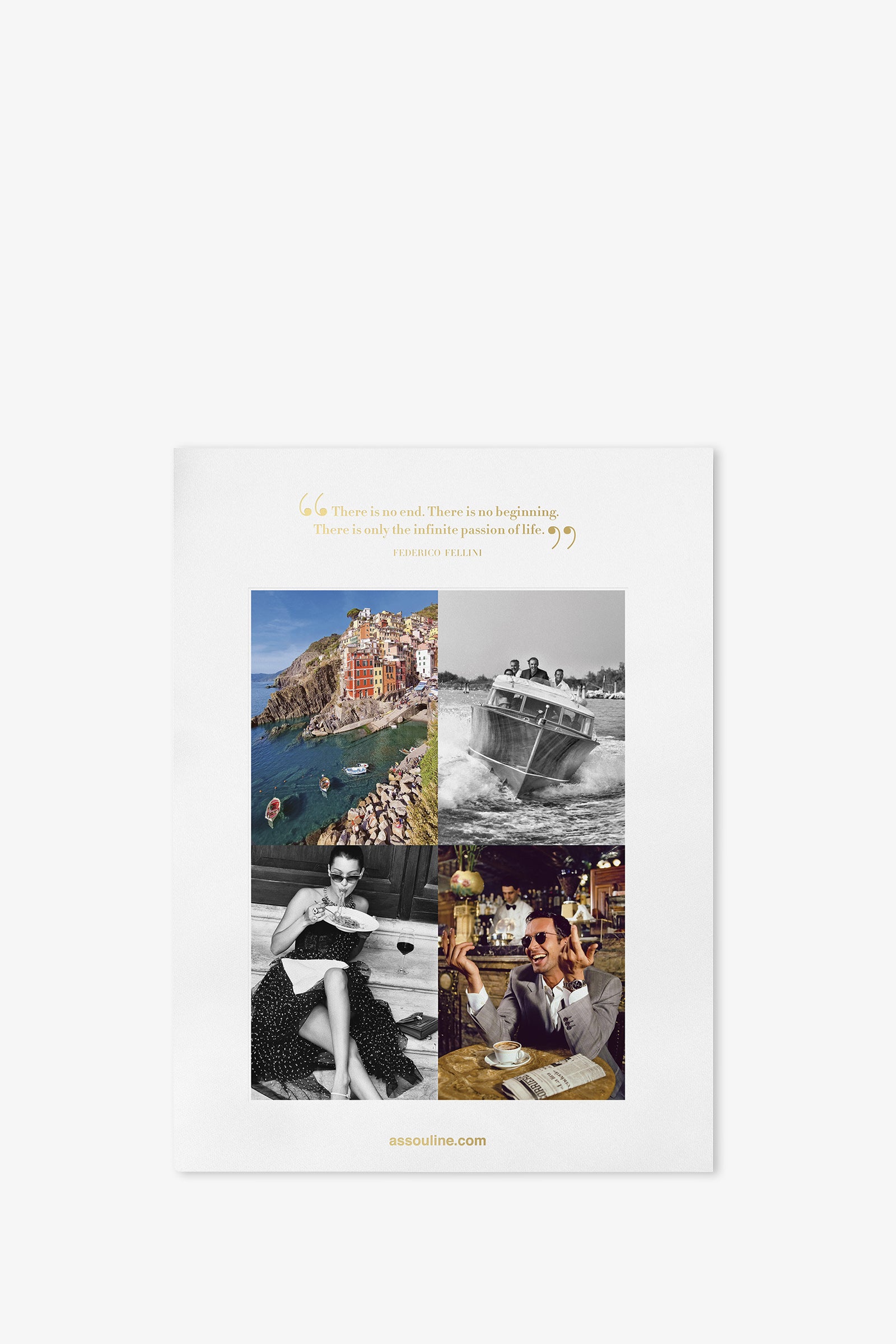 A collage of four vintage Italian-inspired images—a vibrant seaside village, a swift boat on the water, a woman in a polka-dot dress, and a man savoring wine—adorn the cover of the Assouline Dolce Vita Book, complete with an evocative quote and assouline.com showcased at the bottom.