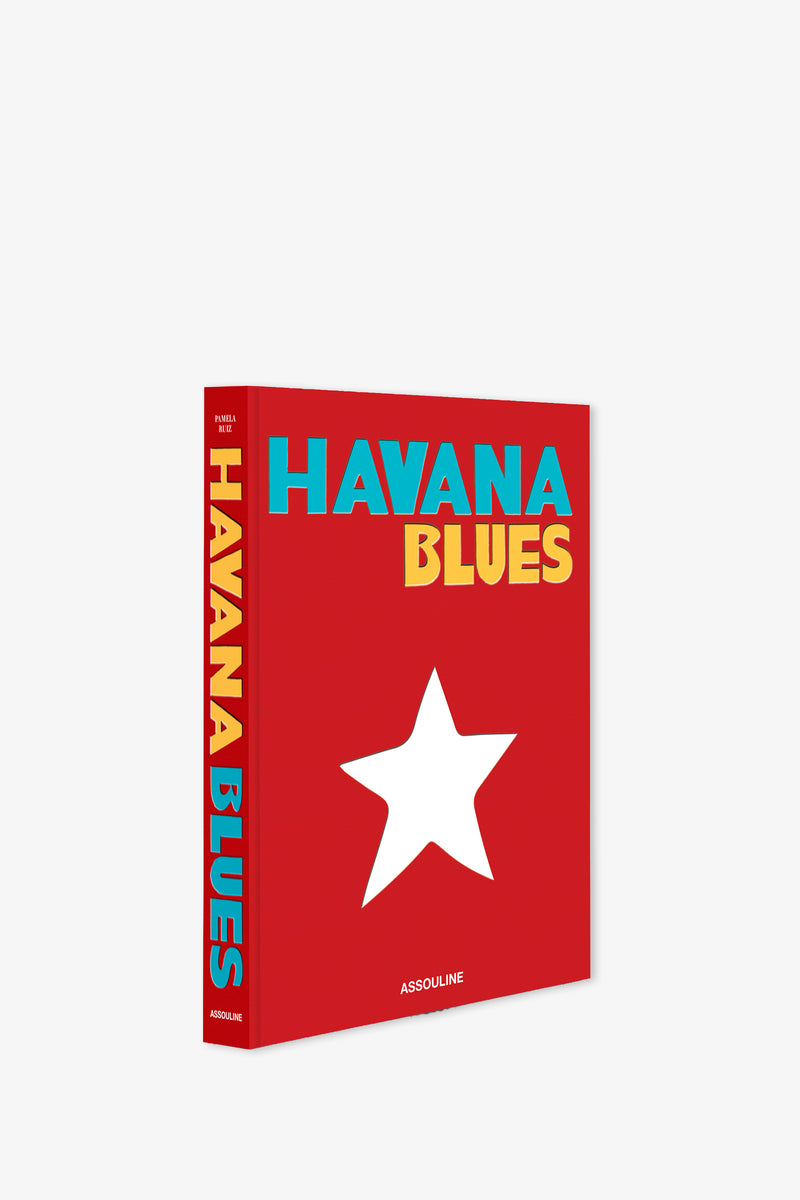 The Assouline Havana Blues Book features a bold red cover with large blue and yellow text, a white star, and the publisher’s name “Assouline” at the bottom. The spine displays the book title vertically.