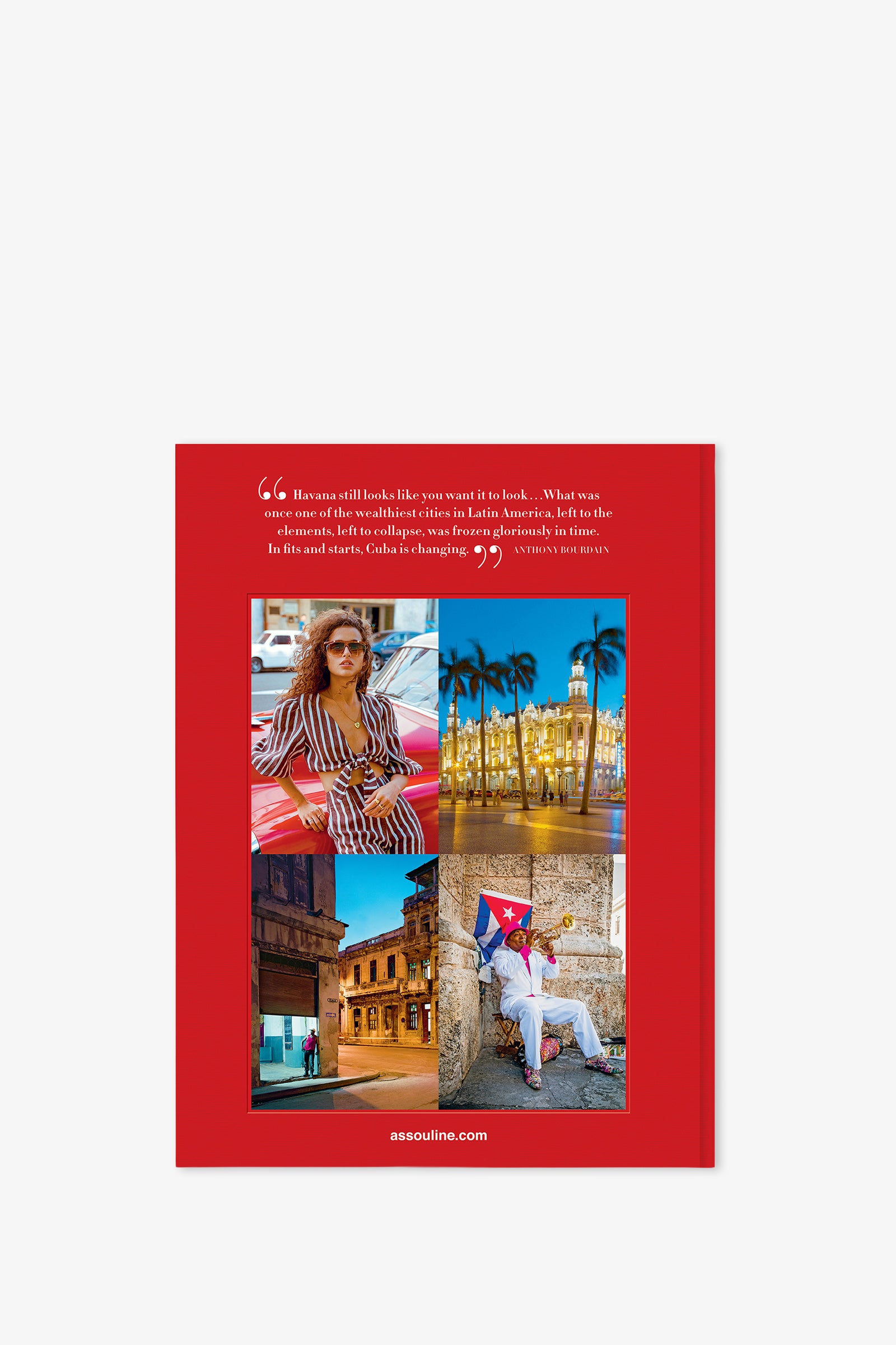 The Assouline Havana Blues Book features a red cover with a quote at the top, followed by four vibrant photos of Havana: a woman, palm trees at sunset, a bustling city street, and someone holding the Cuban flag. The website assouline.com appears at the bottom.