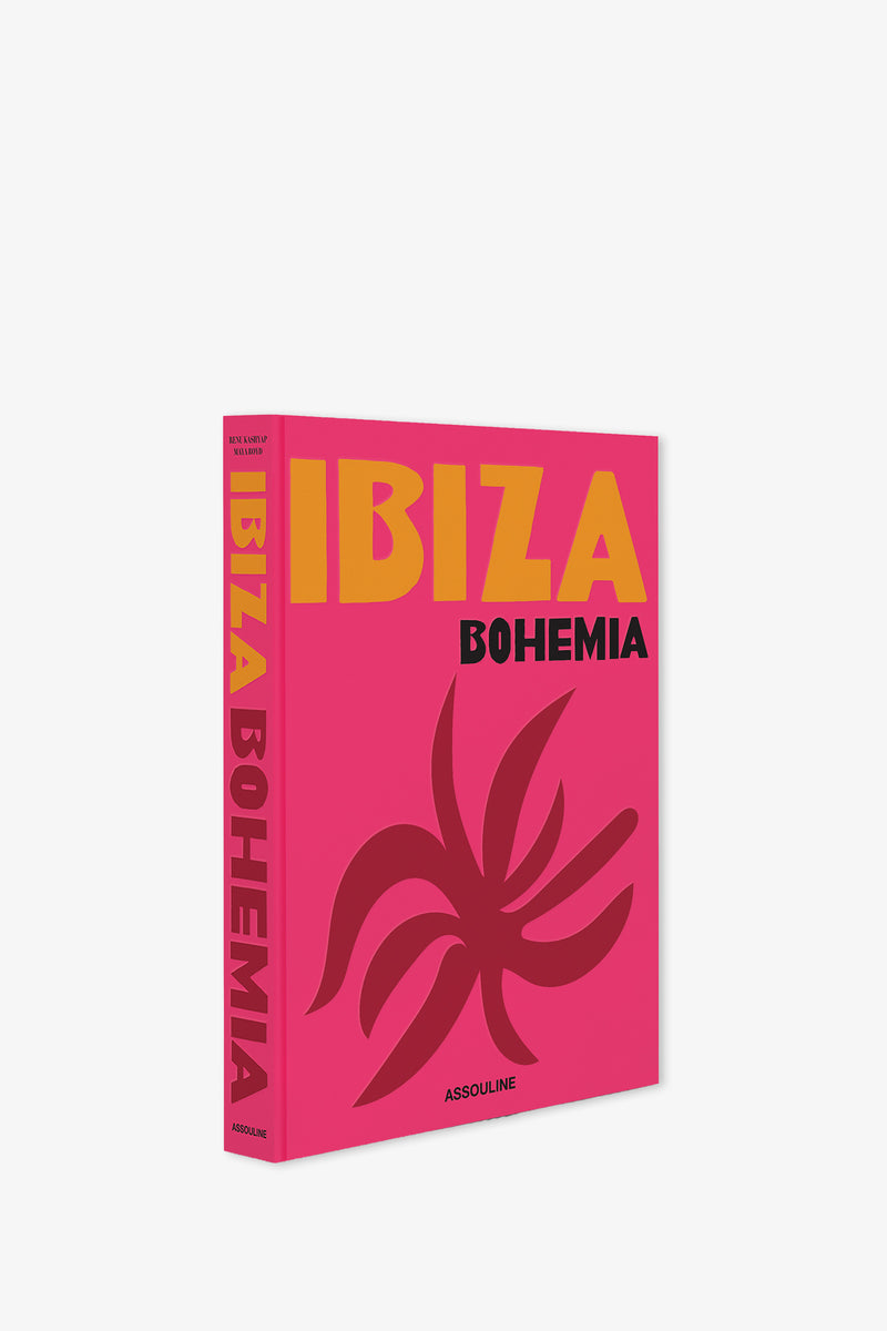 The Assouline Ibiza Bohemia Book features a pink cover with bold yellow and black text on the cover and spine, accented with an abstract red design. The publisher, ASSOULINE, is displayed at the bottom of both the cover and spine.