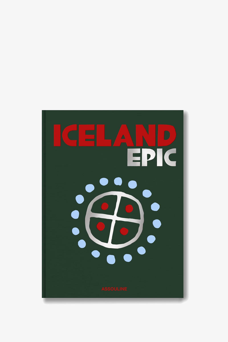 Book cover for the Assouline Iceland Epic Book featuring bold red and white lettering, a circular design with blue dots and red accents on a green background, and “ASSOULINE” printed at the bottom.