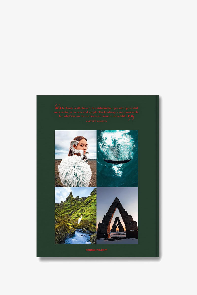 The Assouline Iceland Epic Book features a green cover adorned with four photos: a person in a white coat, a whale swimming in blue water, a vibrant green landscape, and a striking rock arch by the sea. Above the images, an orange-printed quote adds an extra touch.