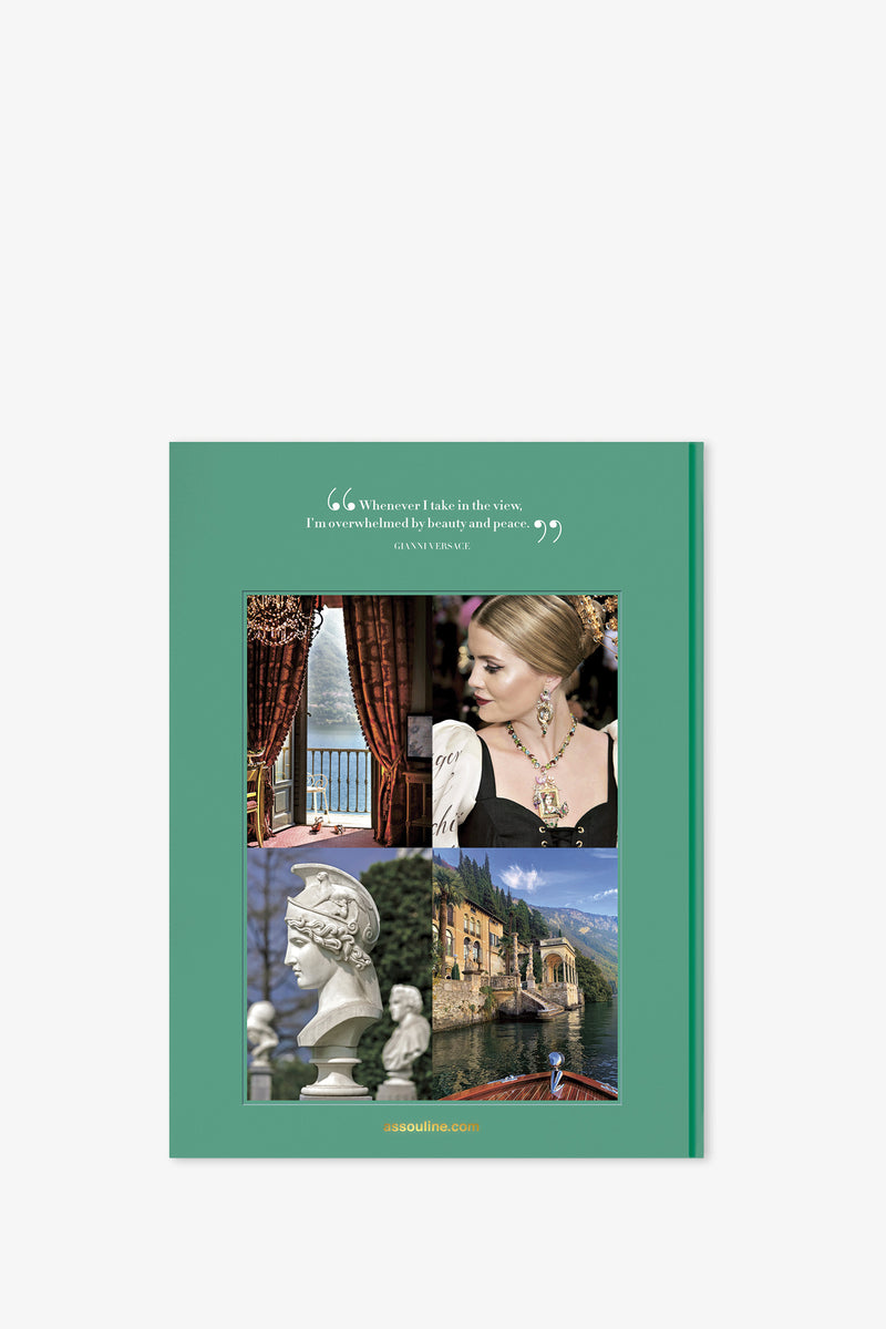 The Assouline Lake Como Idyll Book features a green-bordered cover with a quote at the top and four images—a scenic lake view, a woman adorned in jewelry, a classical marble bust, and an elegant villa by the water—plus the website assouline.com displayed at the bottom.