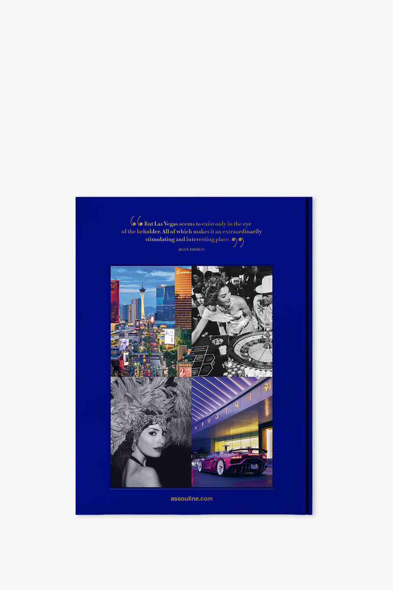 The cover of the Assouline Las Vegas Magic Book features a blue border framing a central collage of iconic Las Vegas imagery—cityscapes, showgirls, casinos, and a sports car—with an inspiring quote about Las Vegas at the top.