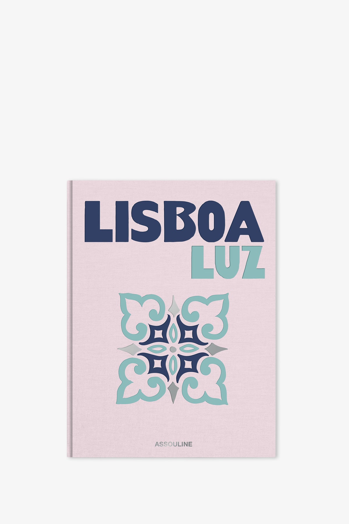 Assouline Lisboa Luz Book features a pale pink cover adorned with bold blue and light blue text, a decorative tile motif in teal and navy, and the Assouline logo displayed at the bottom.