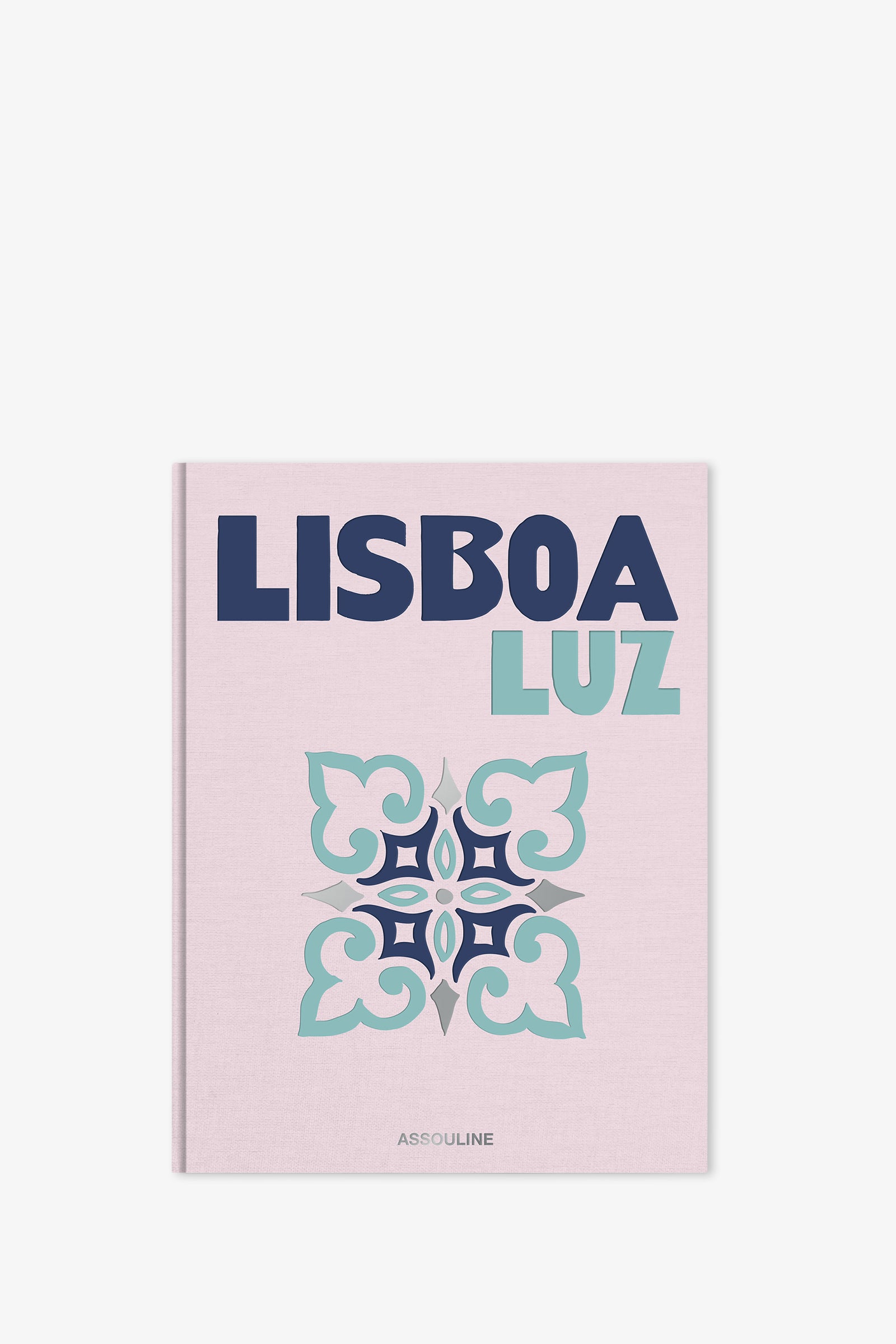 Assouline Lisboa Luz Book features a pale pink cover adorned with bold blue and light blue text, a decorative tile motif in teal and navy, and the Assouline logo displayed at the bottom.