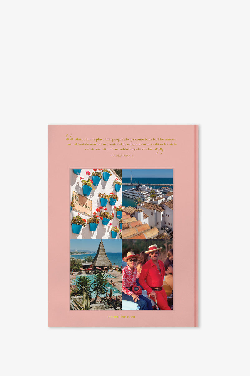 The Assouline Marbella Sol Book features a pink cover with a collage of four photos: flower pots on a wall, a scenic coastal town, a lively market scene, and two people dressed in red. A quote about Marbella appears at the top, and the website is printed at the bottom.