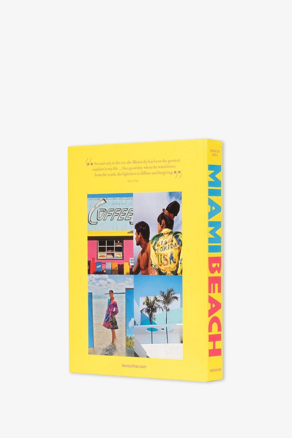 A vibrant Assouline Miami Beach Book with a yellow spine and blue text, featuring a cover adorned with small, colorful photos of beaches, palm trees, vivid walls, and sun-soaked scenes.