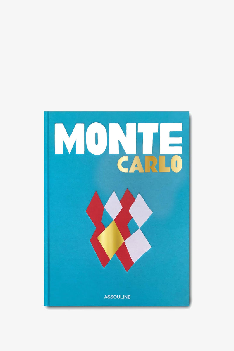 The Assouline Monte Carlo Book features a turquoise cover with the title “Monte Carlo” in white and gold lettering, accented by red, white, and yellow diamond shapes below the title, and the Assouline publisher name at the bottom.