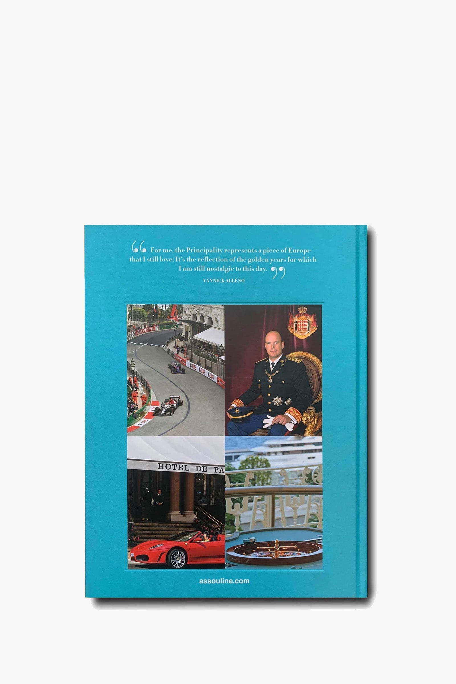 The back cover of the Assouline Monte Carlo Book showcases quotes and five images, including a car race, a man in royal attire, a red sports car, a luxury hotel, and an elegant balcony with a view.
