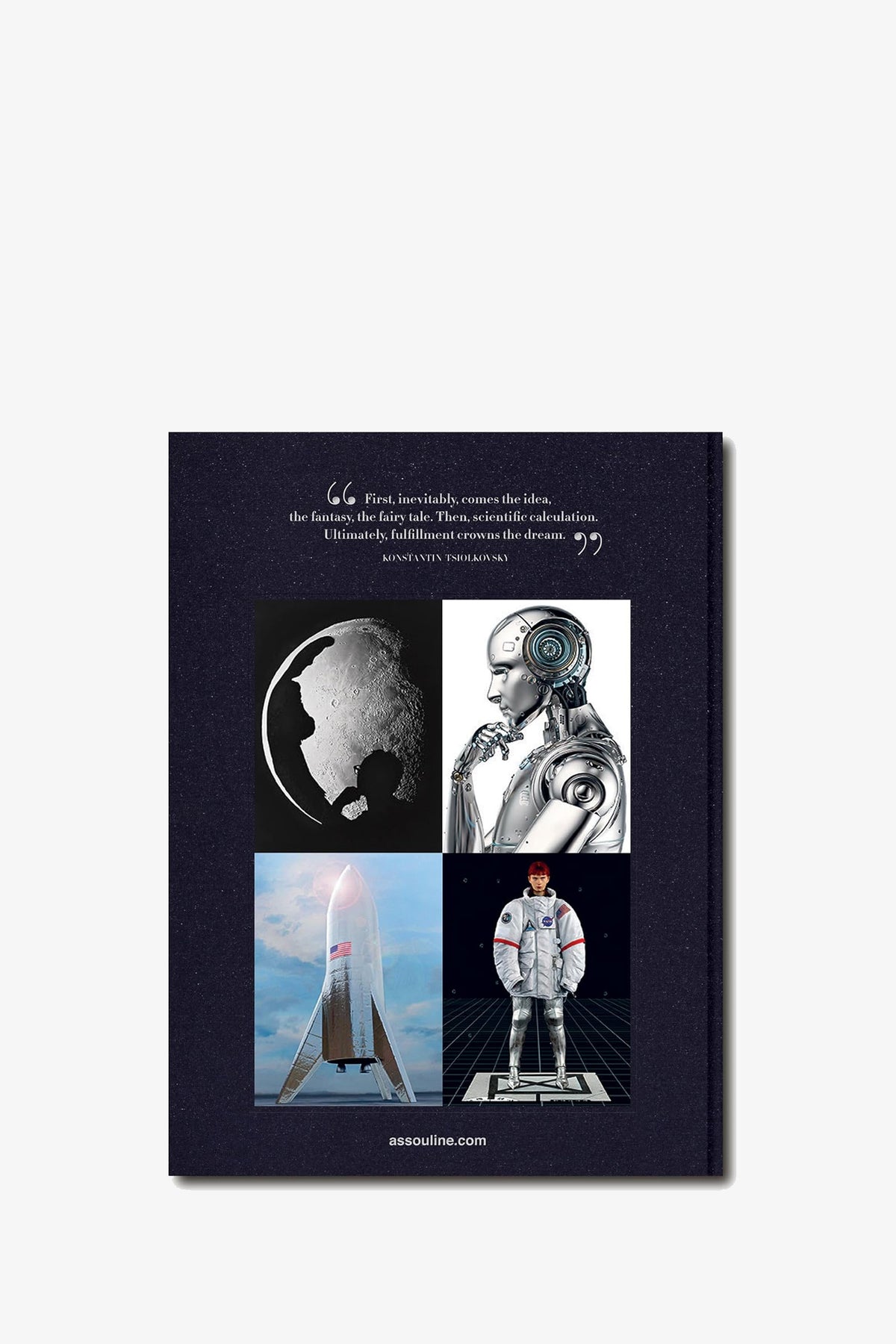 The cover of the Assouline Moon Paradise Book displays a quote and four images—a moon, a futuristic robot, a rocket launch, and an astronaut standing on a platform—set against a dark background, with assouline.com featured at the bottom.