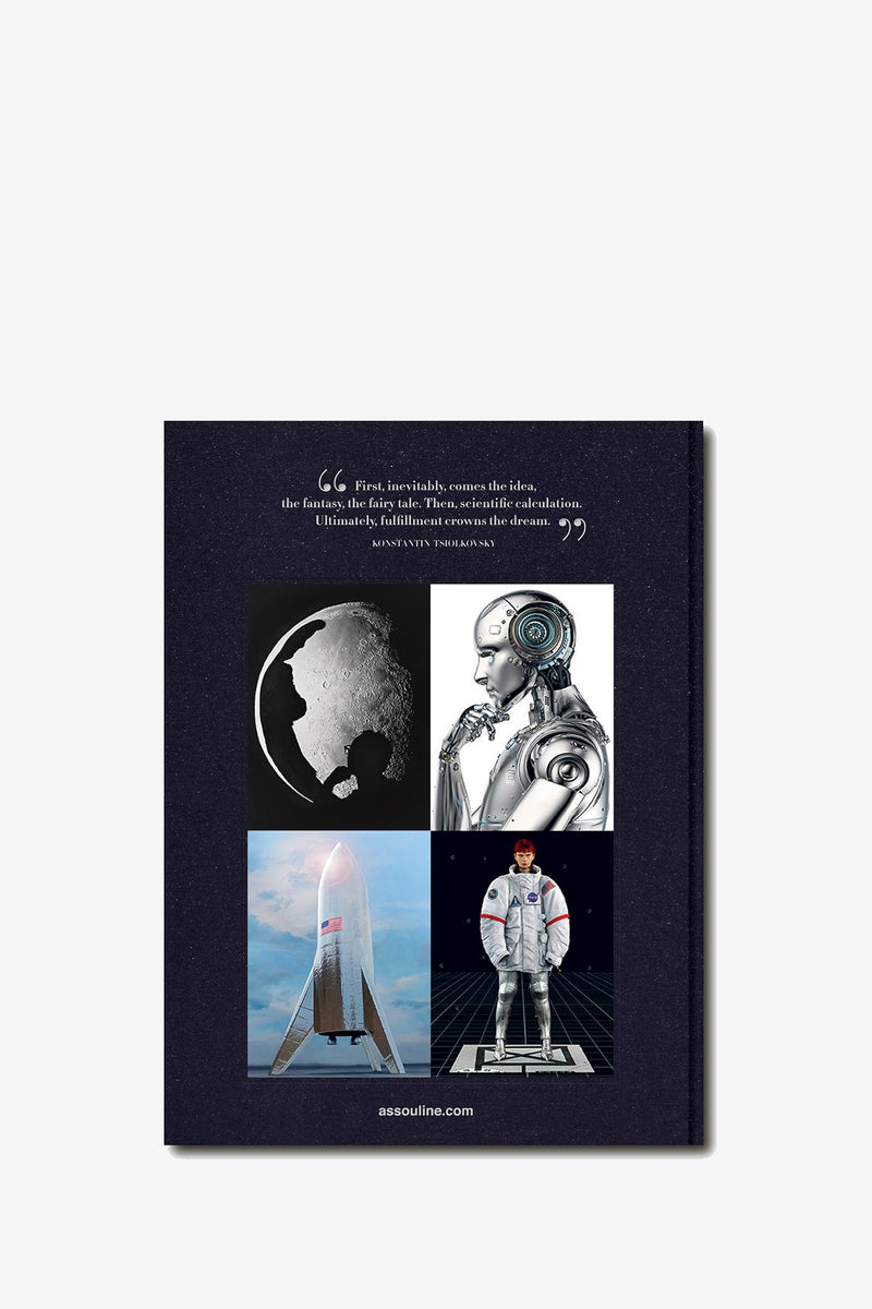The cover of the Assouline Moon Paradise Book displays a quote and four images—a moon, a futuristic robot, a rocket launch, and an astronaut standing on a platform—set against a dark background, with assouline.com featured at the bottom.