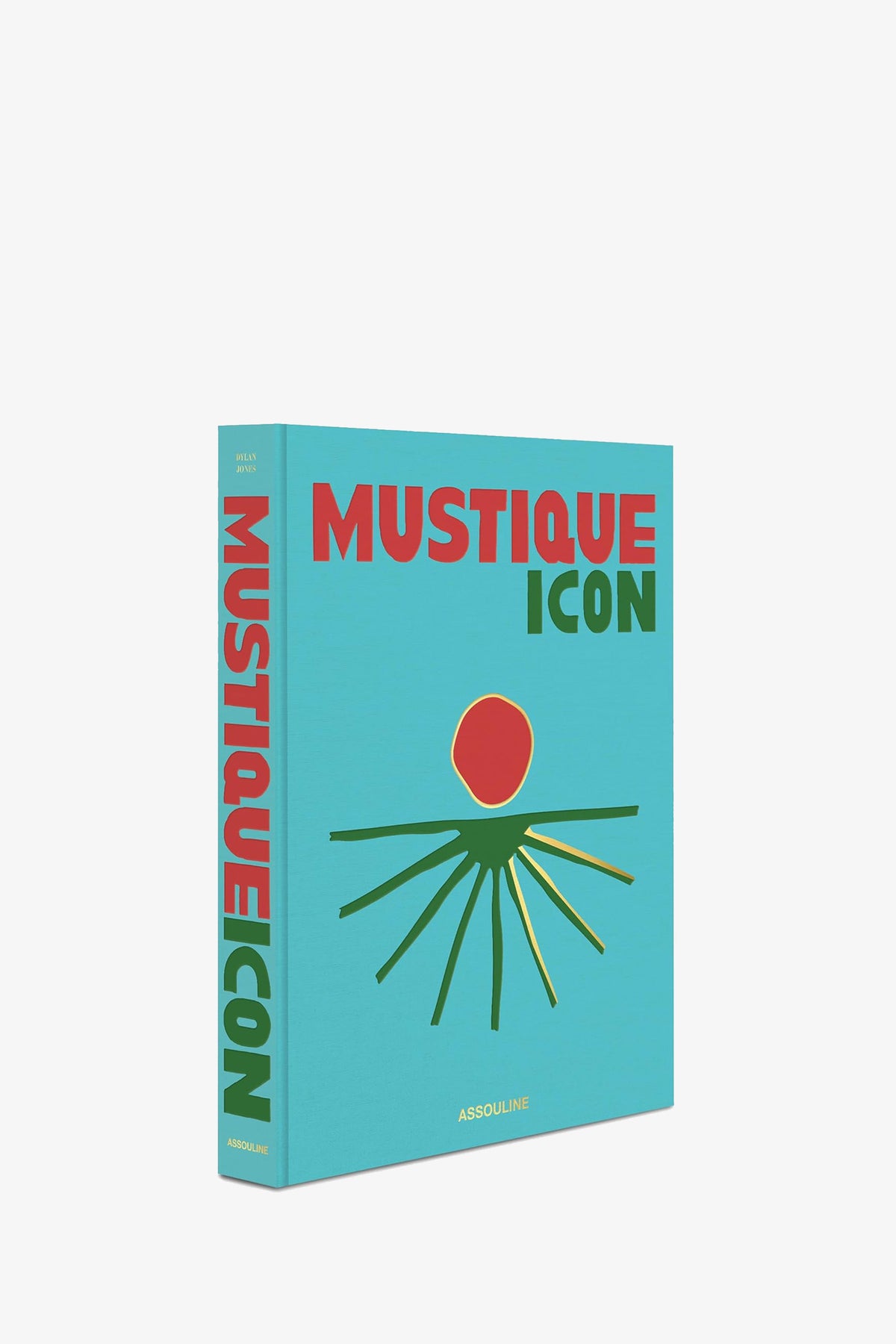 A turquoise Assouline Mustique Icon Book featuring bold red and green text and a minimalist sun and rays graphic on the cover.