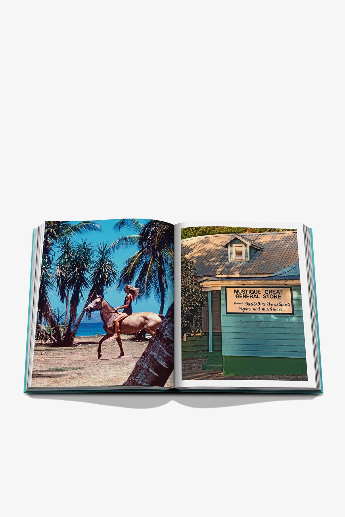An open Assouline Mustique Icon Book displays a photo of a person riding a horse on a palm-lined beach, alongside another image of a green building with a sign reading “Multiple Great National Stuff.”.
